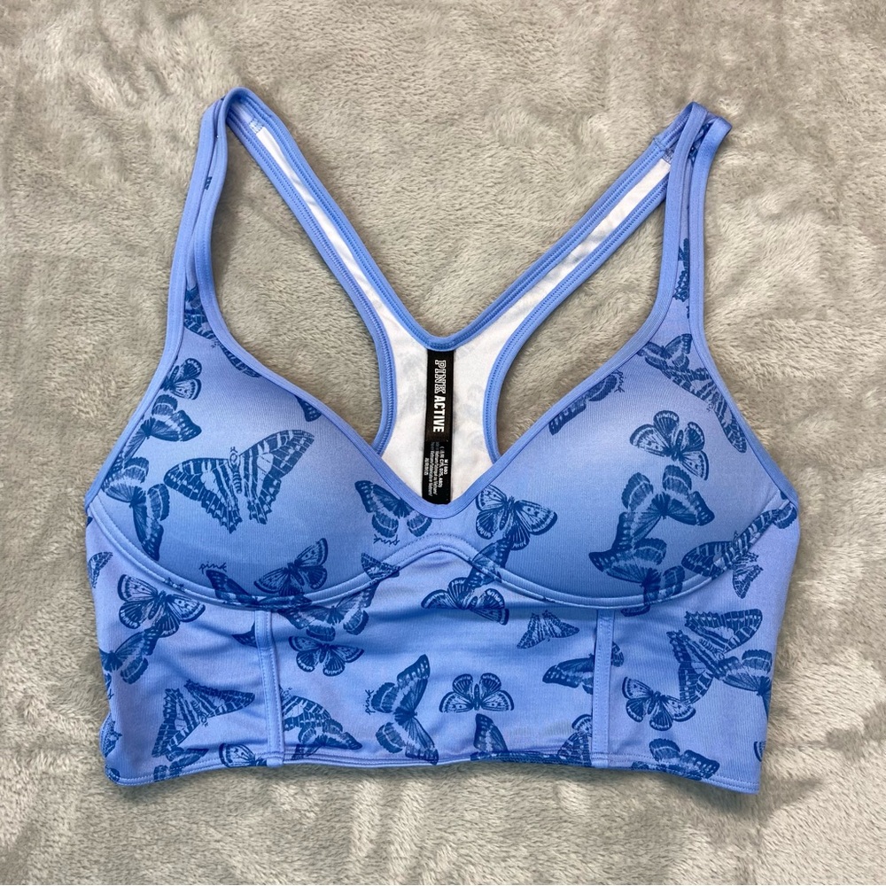 Victoria Secret PINK Size M Sports Bra Bralette Blue Butterfly Racerback Push Up